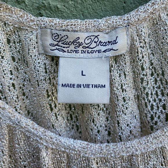 EUC LUCKY BRAND Sheer Knit Cream/Gold Flowy Boho Top Large - Picture 2 of 8